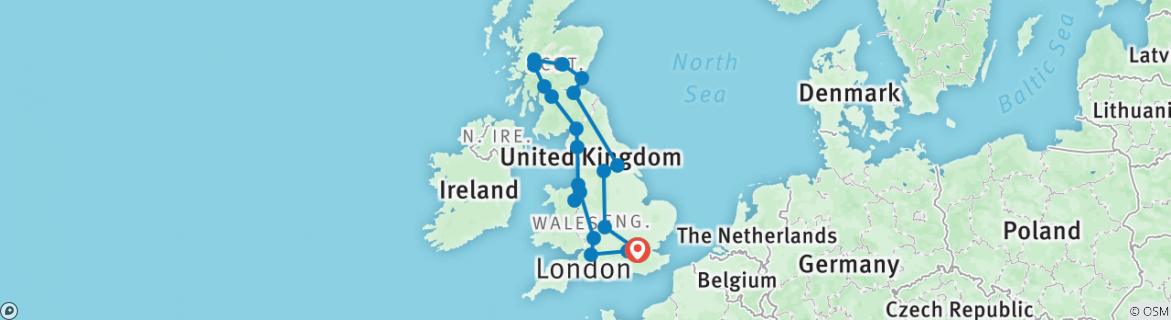Image of a map showing the route of the tour