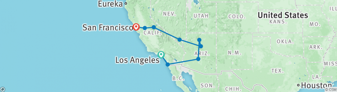 Image of a map showing the route of the tour