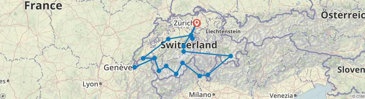 Image of a map showing the route of the tour