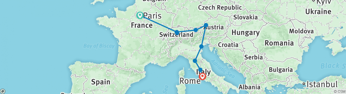 Image of a map showing the route of the tour