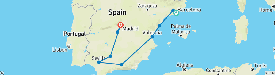 Image of a map showing the route of the tour