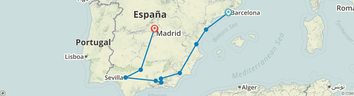 Image of a map showing the route of the tour