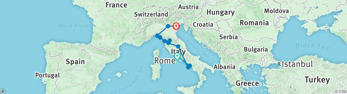 Image of a map showing the route of the tour