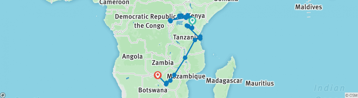 Image of a map showing the route of the tour