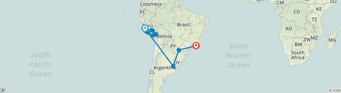 Image of a map showing the route of the tour
