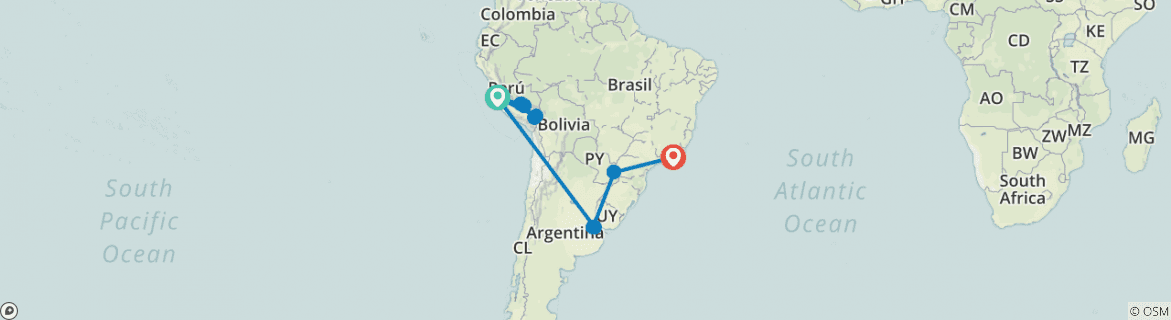 Image of a map showing the route of the tour
