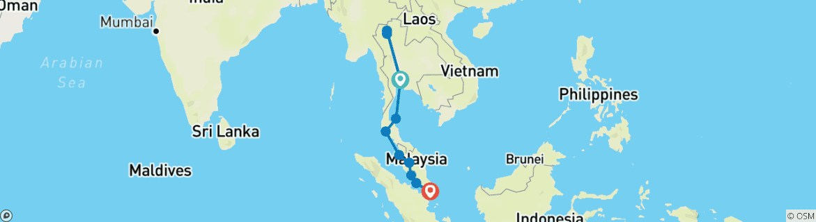 Image of a map showing the route of the tour