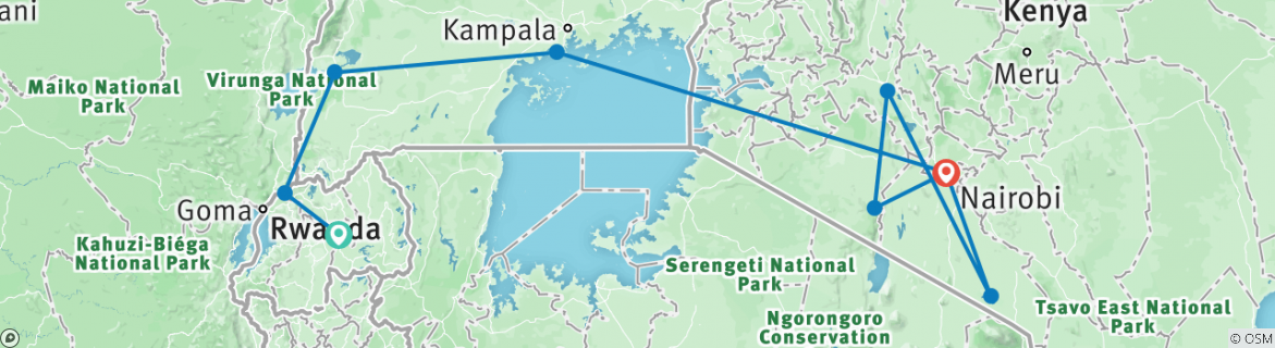 Image of a map showing the route of the tour