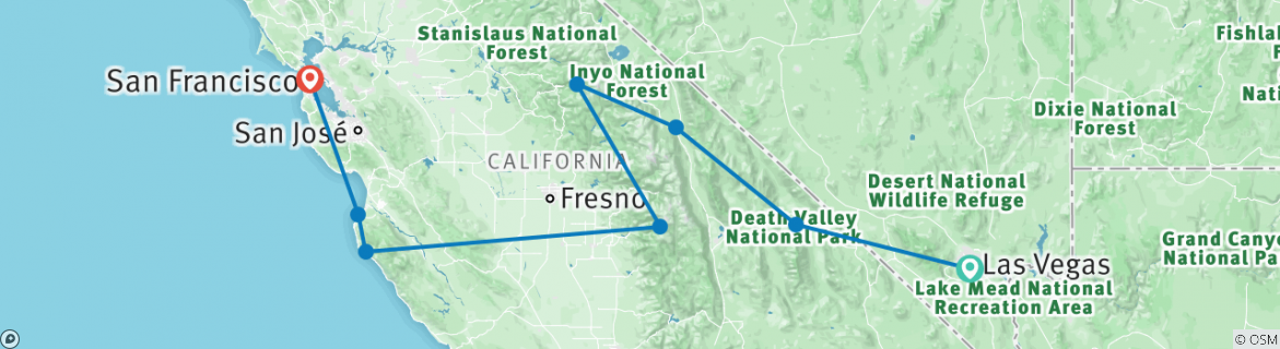 Image of a map showing the route of the tour