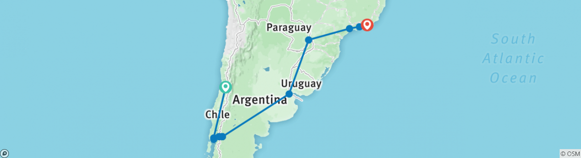 Image of a map showing the route of the tour