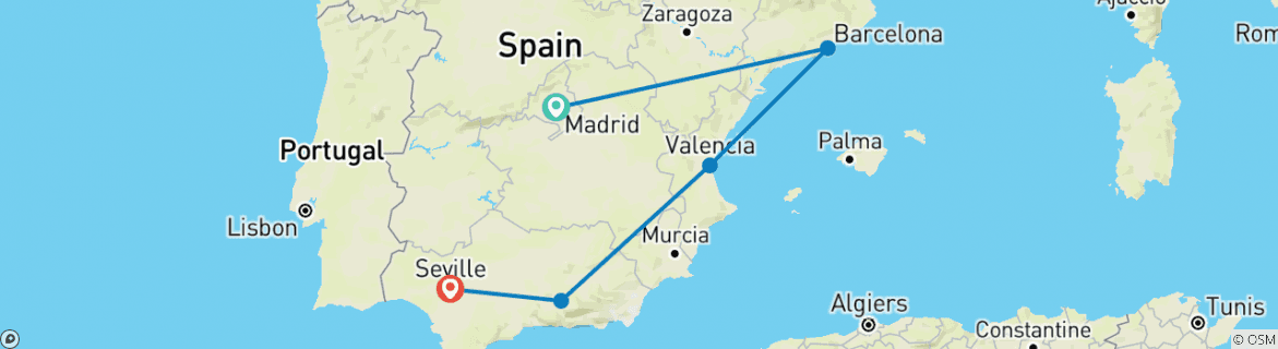 Image of a map showing the route of the tour