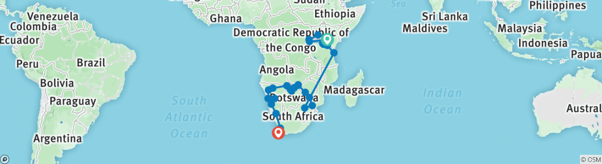 Image of a map showing the route of the tour