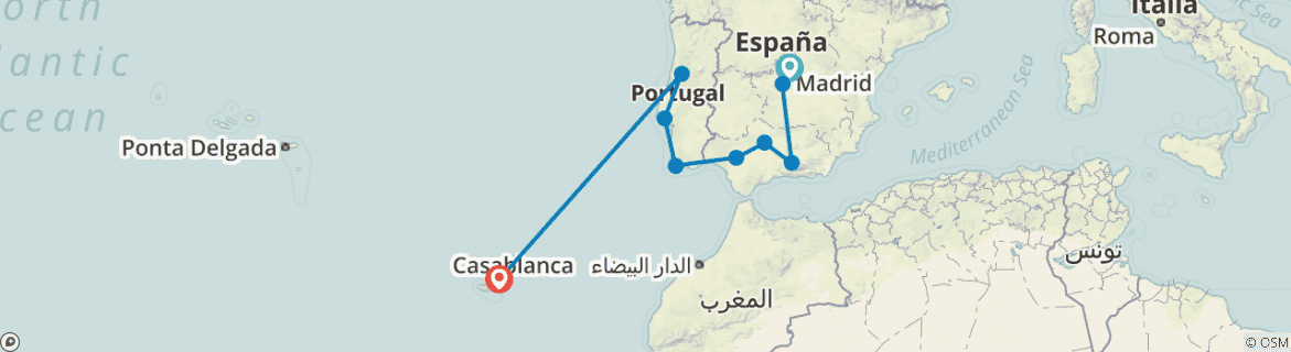 Image of a map showing the route of the tour