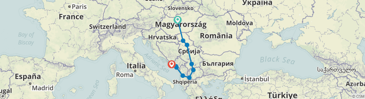 Image of a map showing the route of the tour