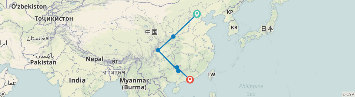 Image of a map showing the route of the tour