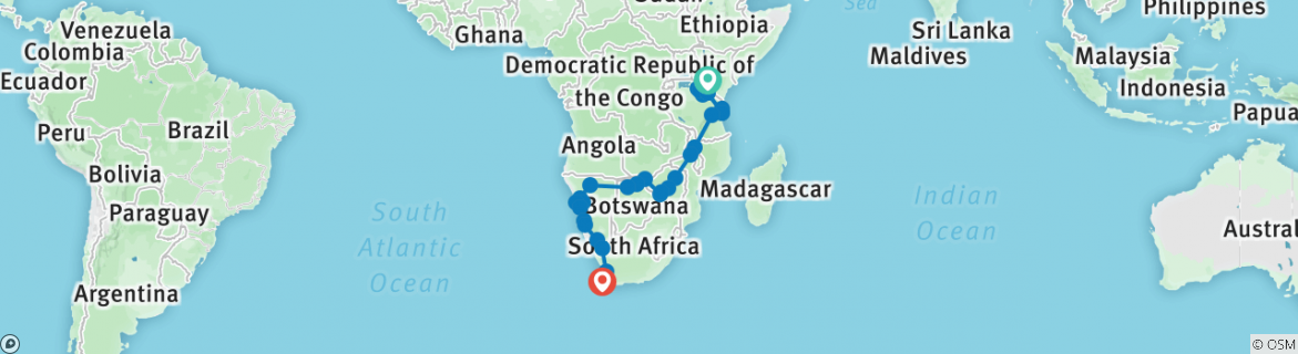 Image of a map showing the route of the tour