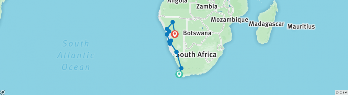 Image of a map showing the route of the tour