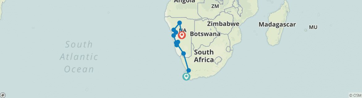 Image of a map showing the route of the tour