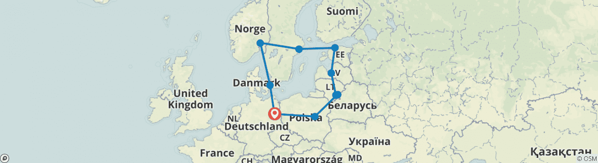 Image of a map showing the route of the tour