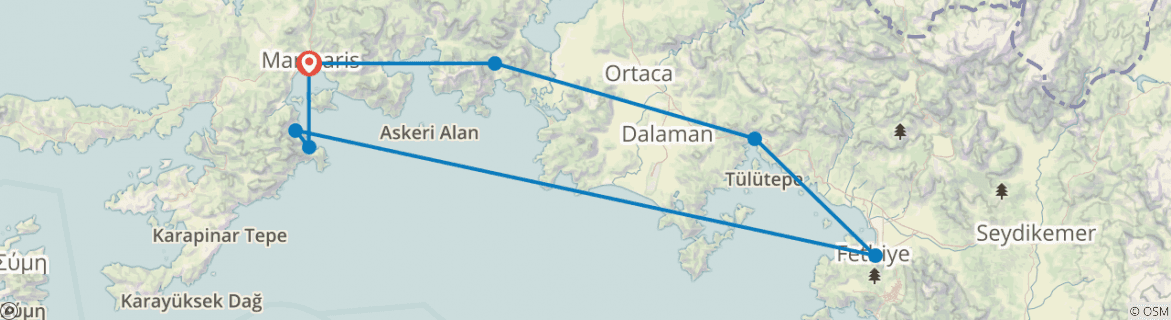 Image of a map showing the route of the tour