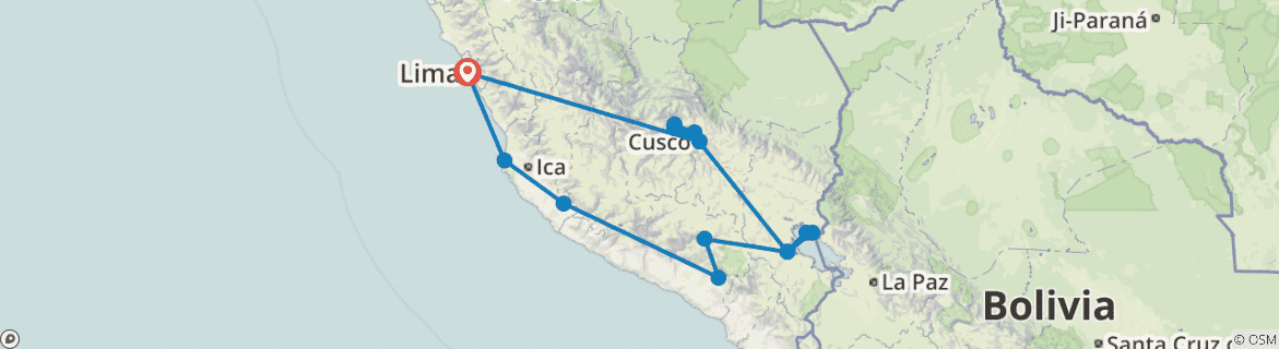 Image of a map showing the route of the tour