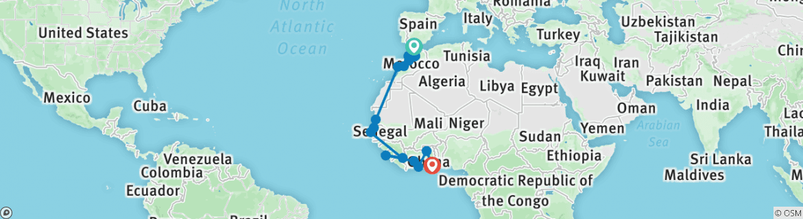 Image of a map showing the route of the tour