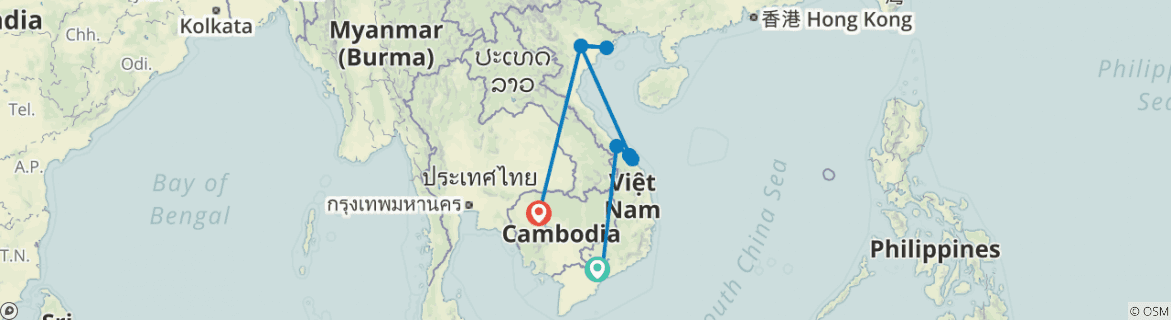Image of a map showing the route of the tour