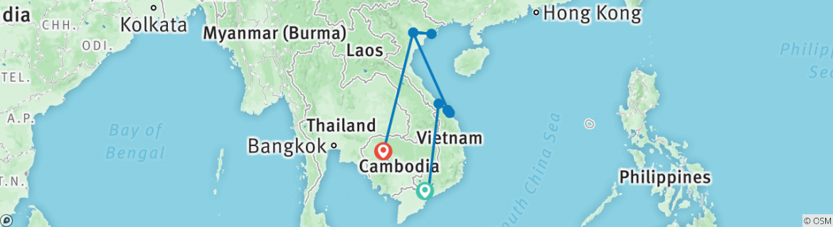 Image of a map showing the route of the tour