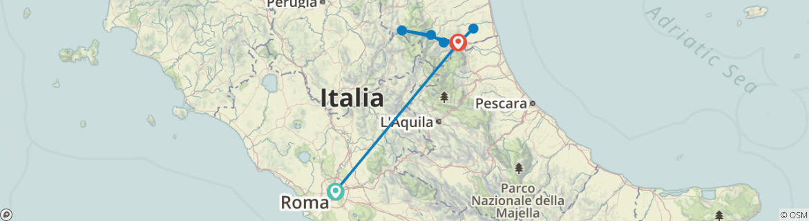 Image of a map showing the route of the tour