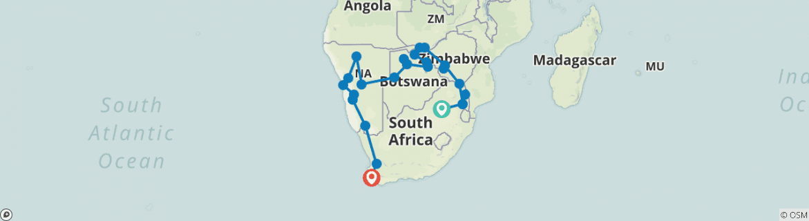 Image of a map showing the route of the tour