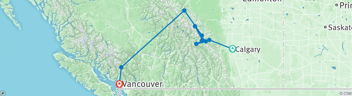 Image of a map showing the route of the tour