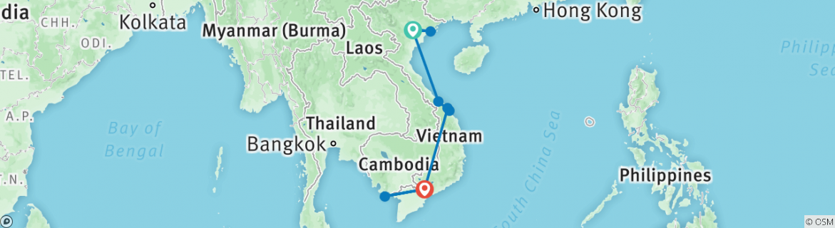 Image of a map showing the route of the tour