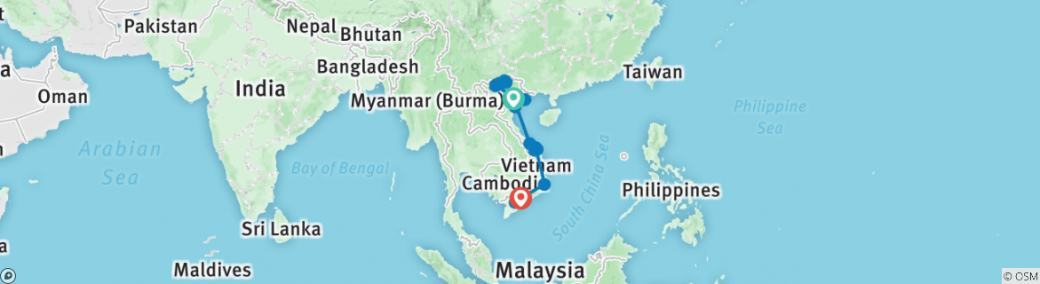Image of a map showing the route of the tour