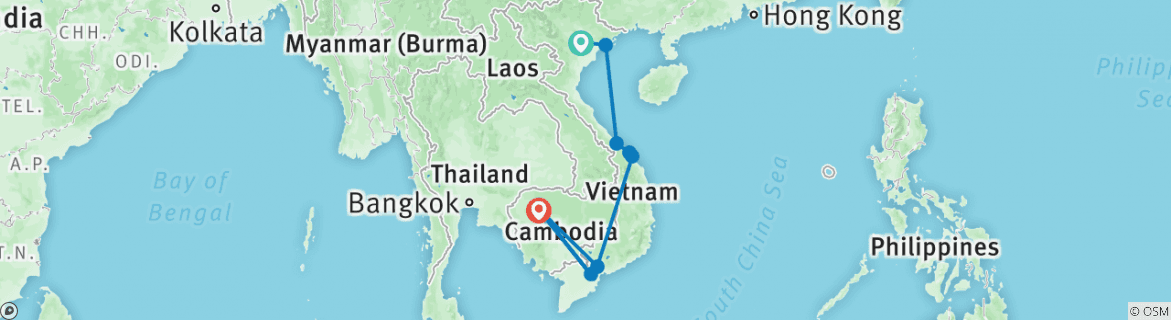 Image of a map showing the route of the tour