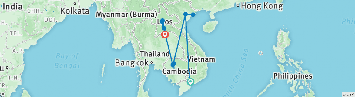 Image of a map showing the route of the tour