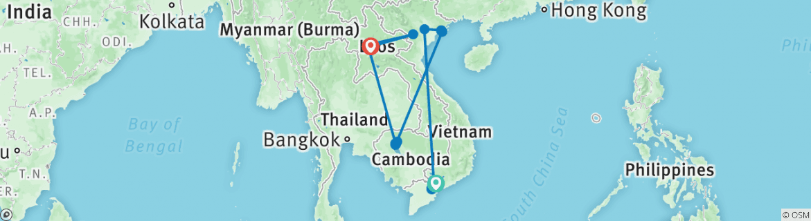 Image of a map showing the route of the tour