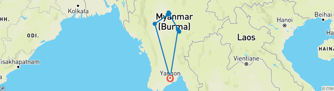 Image of a map showing the route of the tour