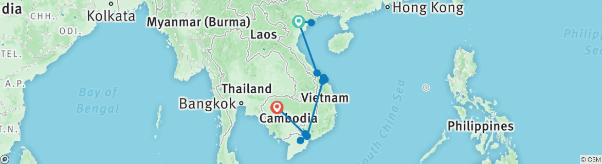 Image of a map showing the route of the tour