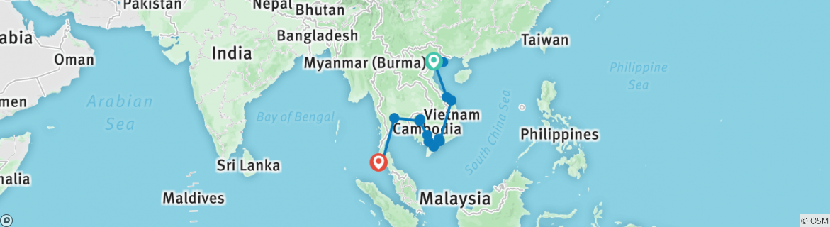 Image of a map showing the route of the tour