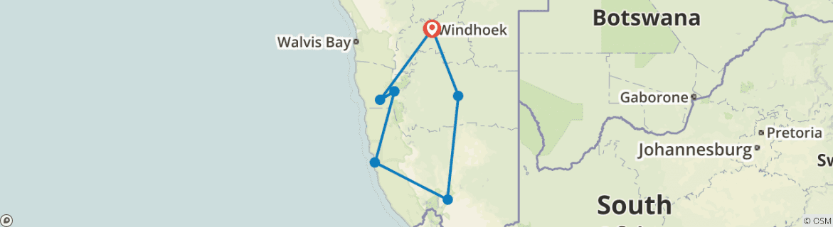 Image of a map showing the route of the tour