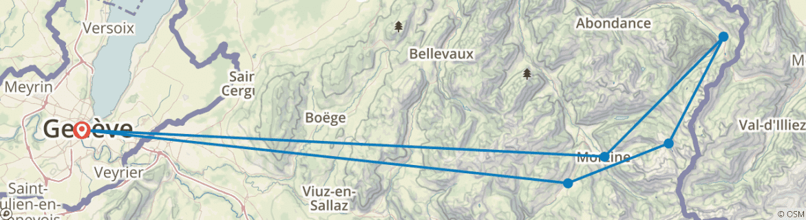Image of a map showing the route of the tour