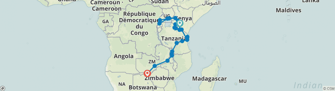 Image of a map showing the route of the tour