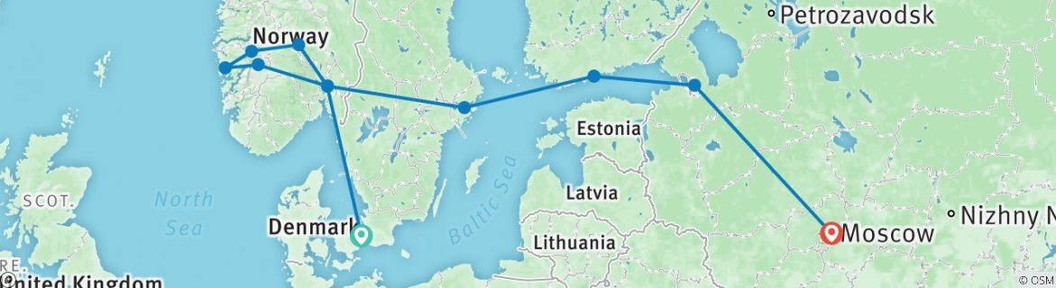 Image of a map showing the route of the tour