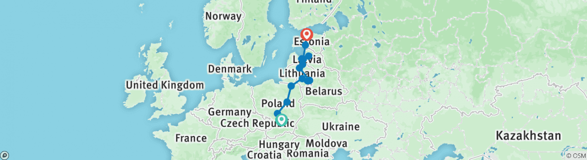 Image of a map showing the route of the tour