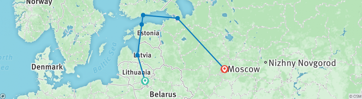 Image of a map showing the route of the tour