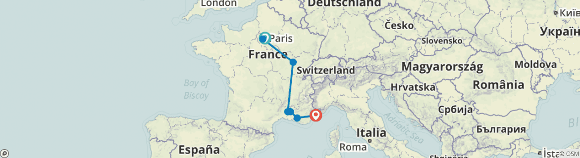 Image of a map showing the route of the tour