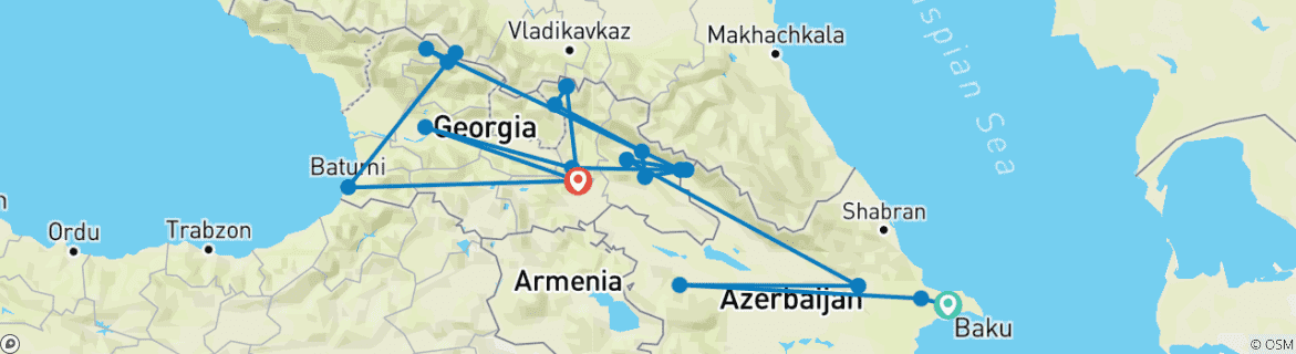 Image of a map showing the route of the tour