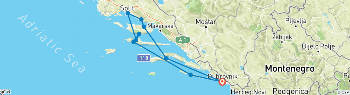 Image of a map showing the route of the tour