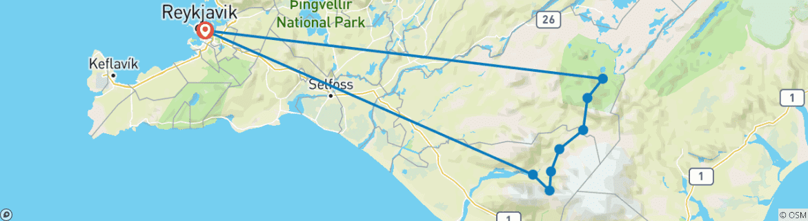 Image of a map showing the route of the tour