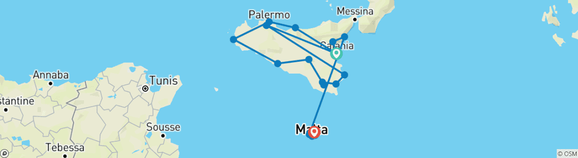 Image of a map showing the route of the tour